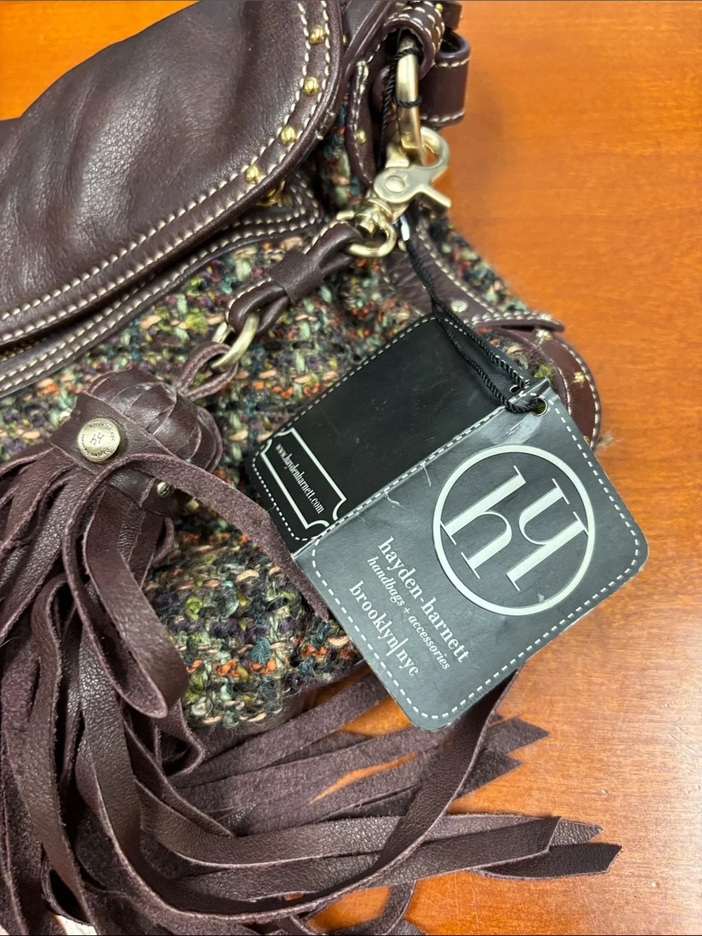Woven Tweed and Leather Shoulder Bag in Dark Brown